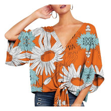 New Season Design Floral Print OEM Women Tops Wholesal Oversized Batwing Women Trendy V Neck Top